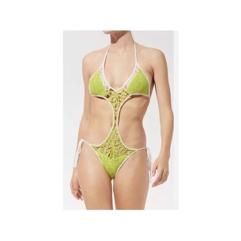 Solid & Striped The Marina Crochet Onepiece Monokini In  Kiwi Green $250